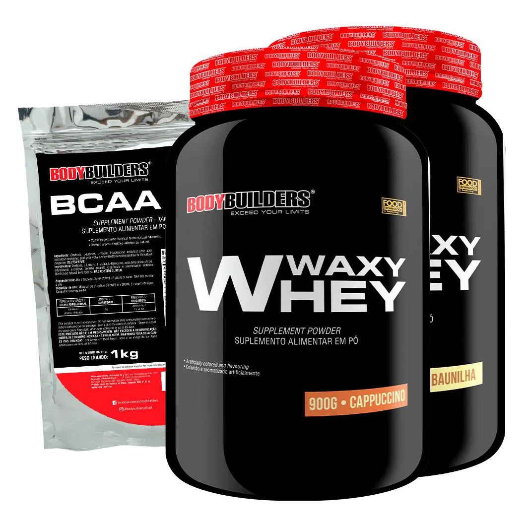 Kit 2x Waxy Whey 2kg + Bcaa 1kg Tangerina - Bodybuilders Baunilha e Cappuccino