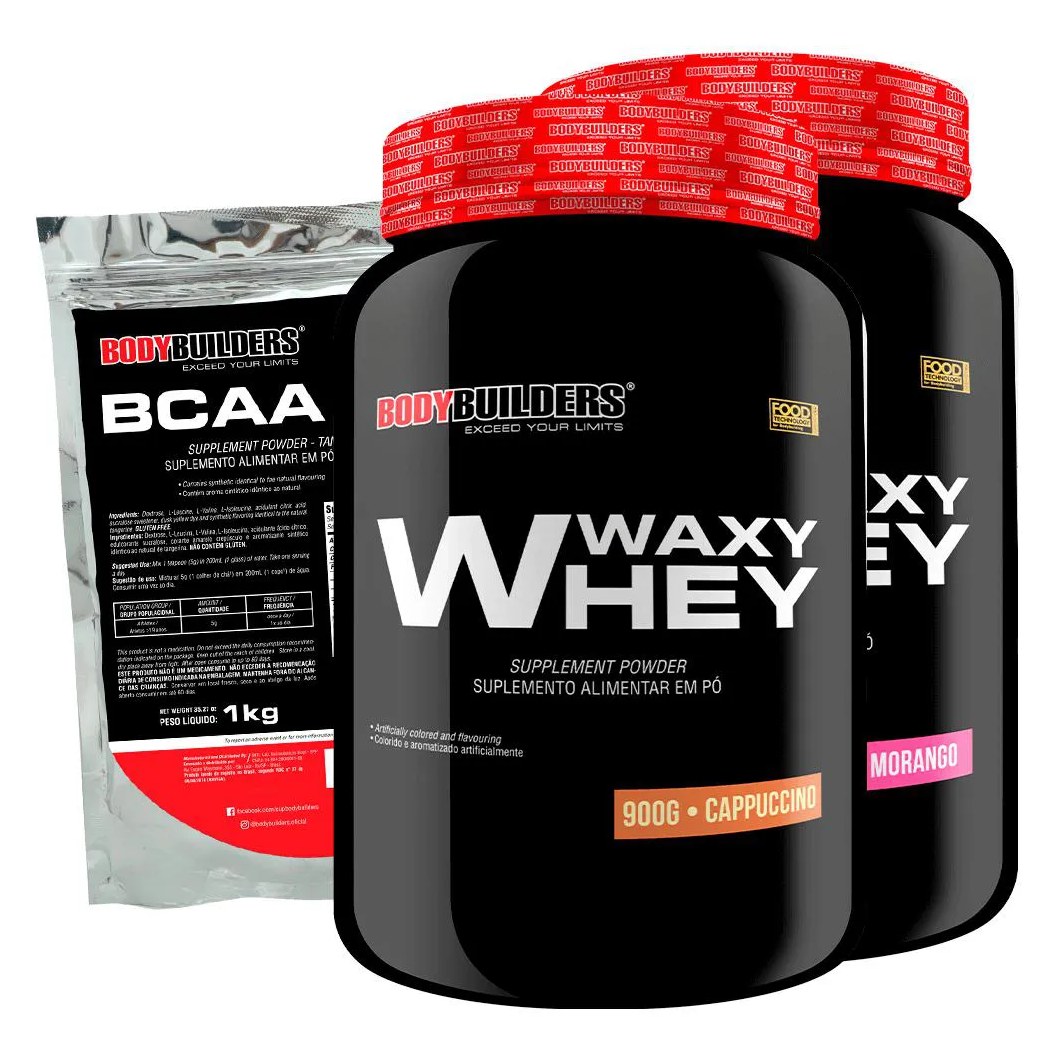 Kit 2x Waxy Whey 2kg + Bcaa 1kg Tangerina - Bodybuilders Morango e Cappuccino