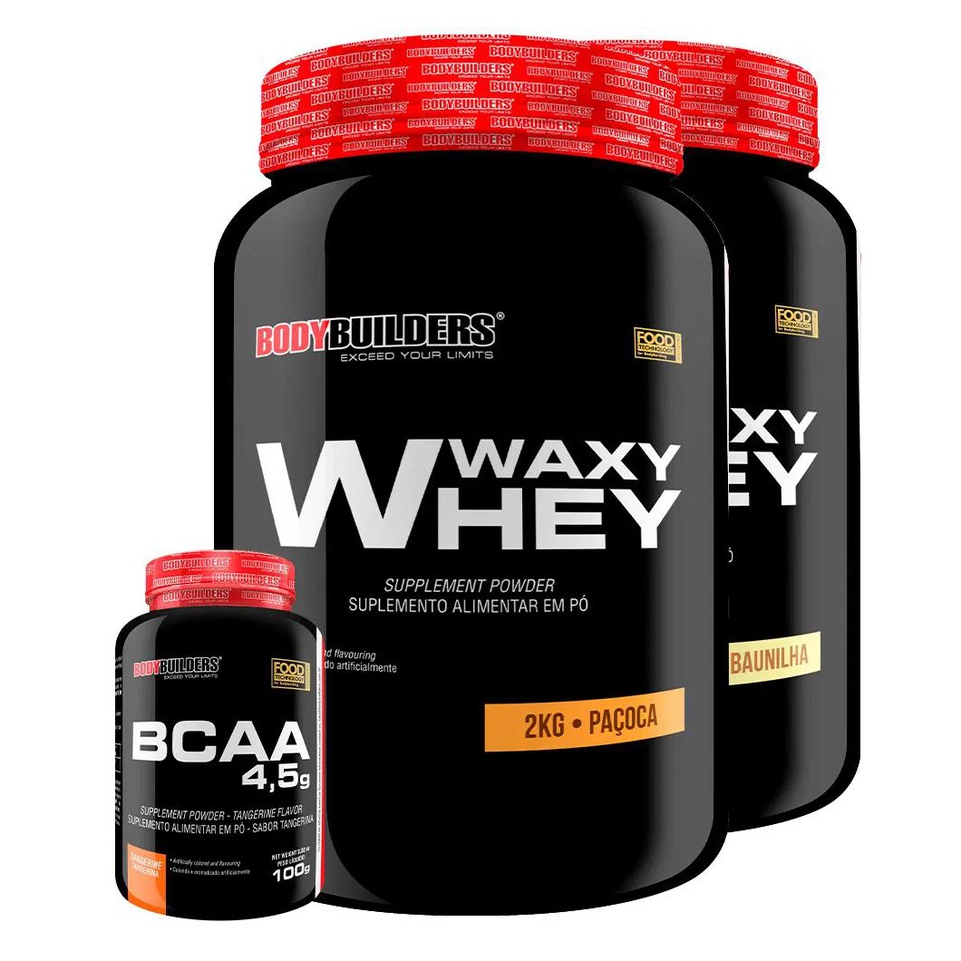 Kit 2x Waxy Whey 2kg + Bcaa 1kg Tangerina - Bodybuilders Baunilha e Paçoca