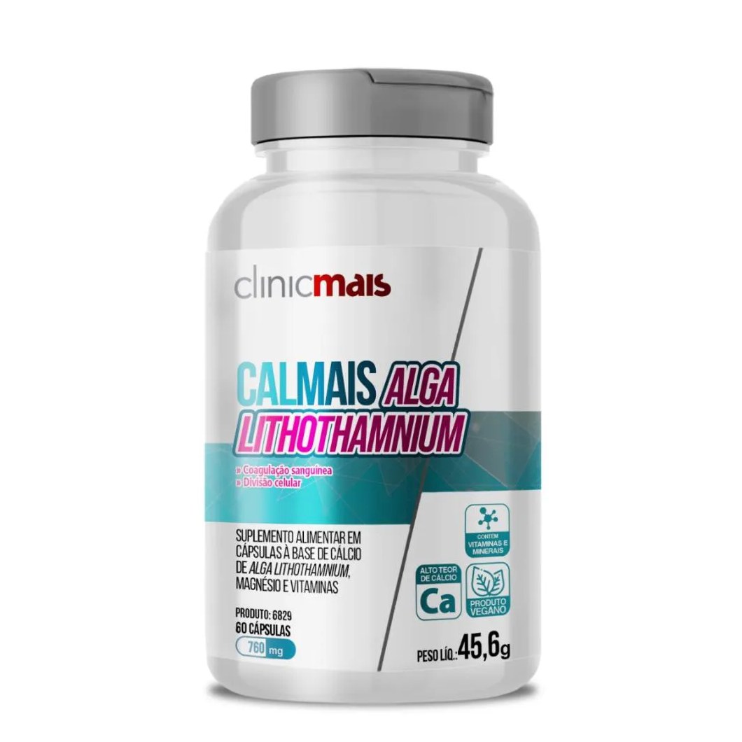 Cálcio, Magnésio, Vitamina D3 - Calmais Alga Lithothamnium 60 cápsulas 760mg Clinicmais