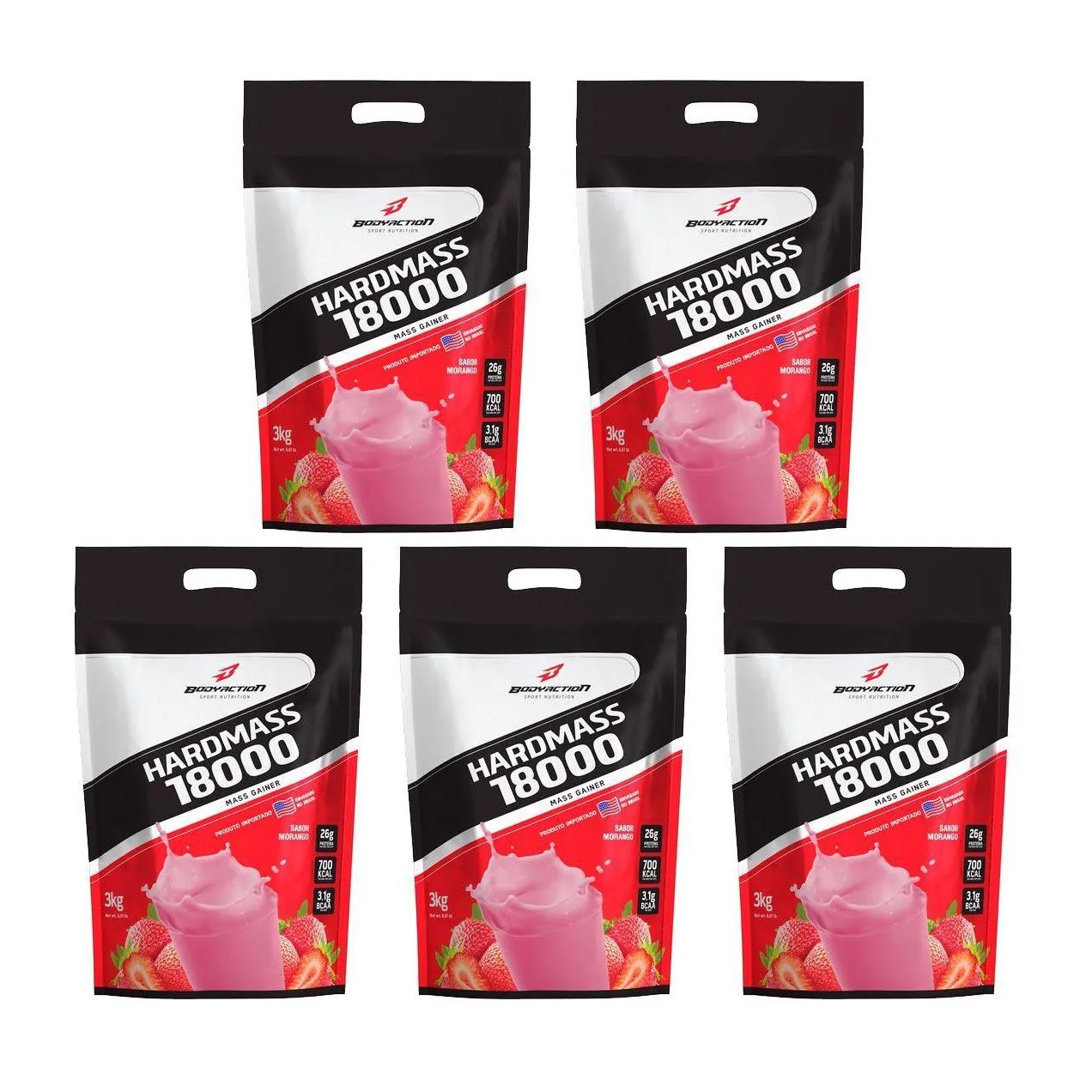 Kit Suplemento Body Action Hard Mass 18000 Morango 3000g 5 unidades
