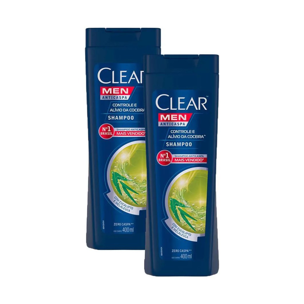 Kit 2 Shampoos Anticaspa Clear Men Controle e Alívio da Coceira 400ml Cada