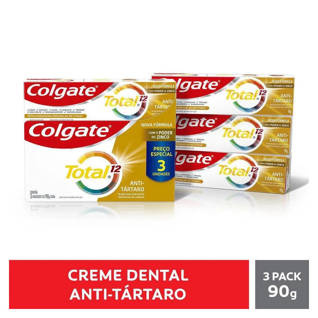 Kit 3 Pastas de Dente Colgate Total 12 Antitártaro 90g