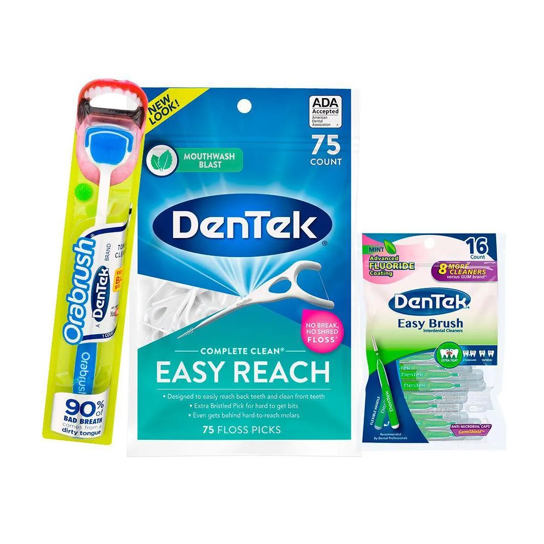 Kit DenTek Escova de Língua Orabrush + Fio Dental Easy Reach 75un + Escova Easy Brush Fino c/ 16un