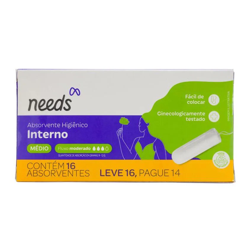 Absorvente Interno Needs Médio Fluxo Moderado 16 Unidades
