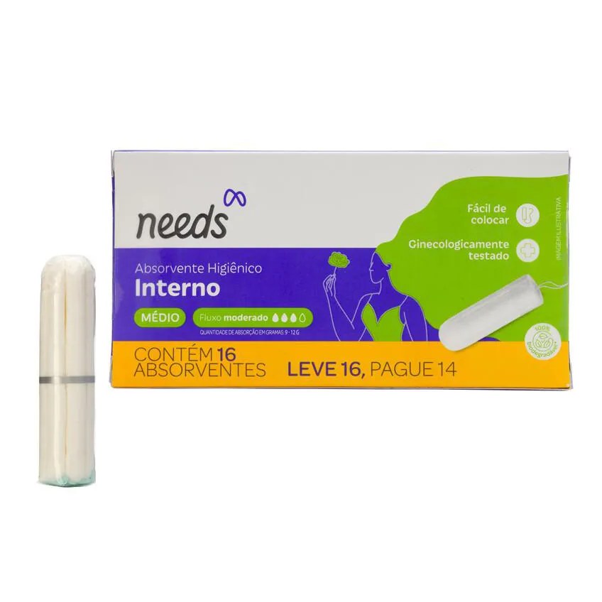 Absorvente Interno Needs Médio Fluxo Moderado 16 Unidades
