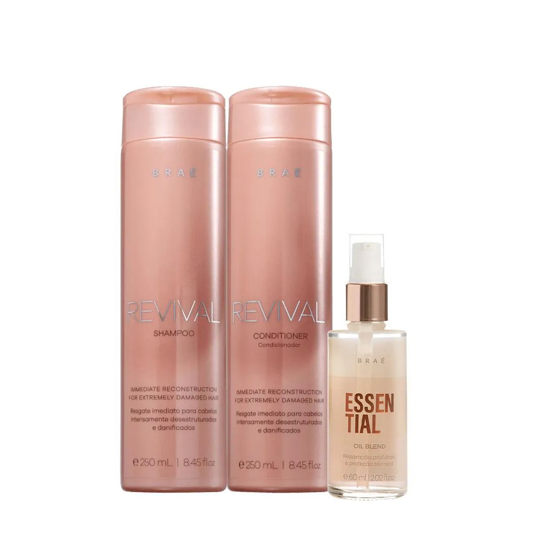 Kit Braé Revival Shampoo Condicionador e Essential Oil Blend (3 Produtos)