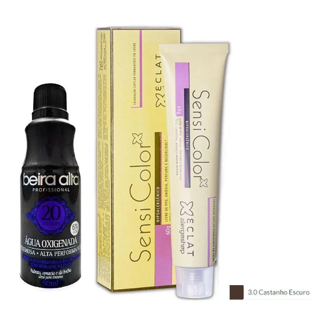 Tintura Hipoalergênica Alergoshop Cor 3.0 Castanho Escuro 60g + Água Oxigenada Vol. 20
