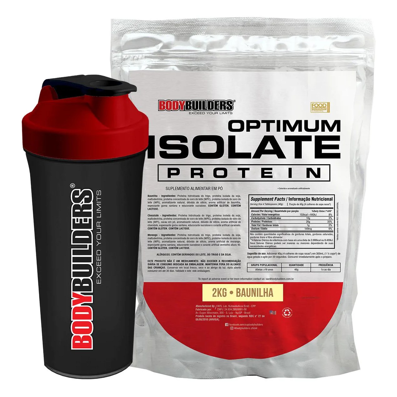 Kit Proteína Isolada BodyBuilders Optimum Isolate Protein Baunilha 2kg  + Coqueteleira Shaker 600ml