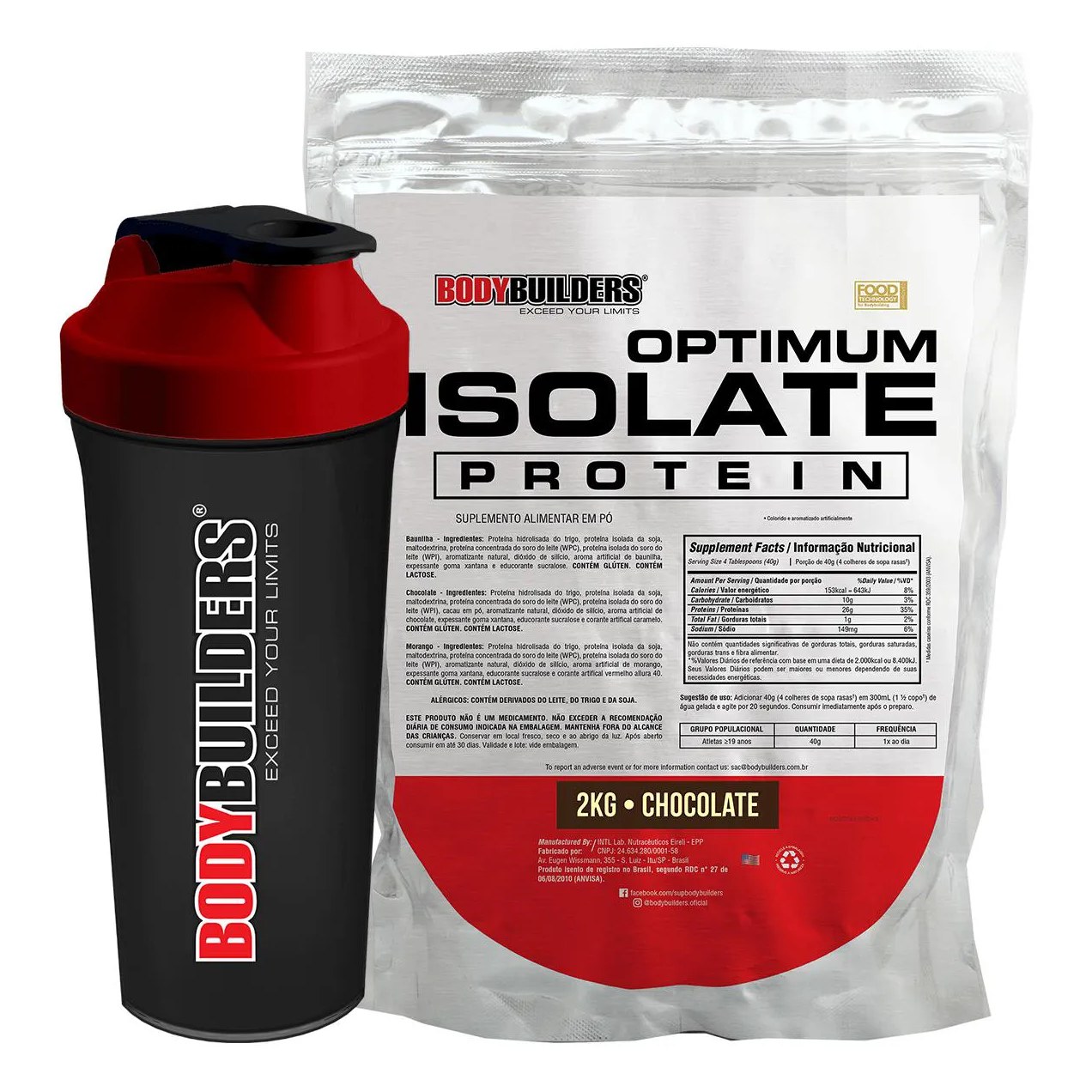 Kit Proteína Isolada BodyBuilders Optimum Isolate Protein Chocolate 2kg  + Coqueteleira Shaker 600ml
