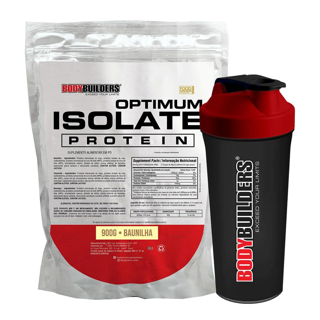 Kit Proteína Isolada BodyBuilders Optimum Isolate Baunilha 900g + Coqueteleira Shaker 600ml
