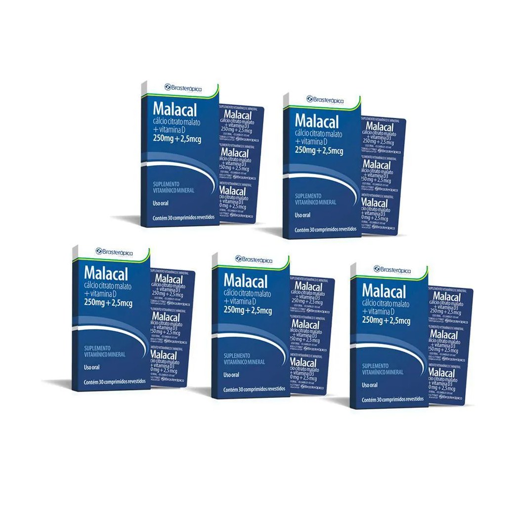 Kit 5 Malacal 250 2 905 Mg 30 Cp Calcio Vit D3 Brasterapica