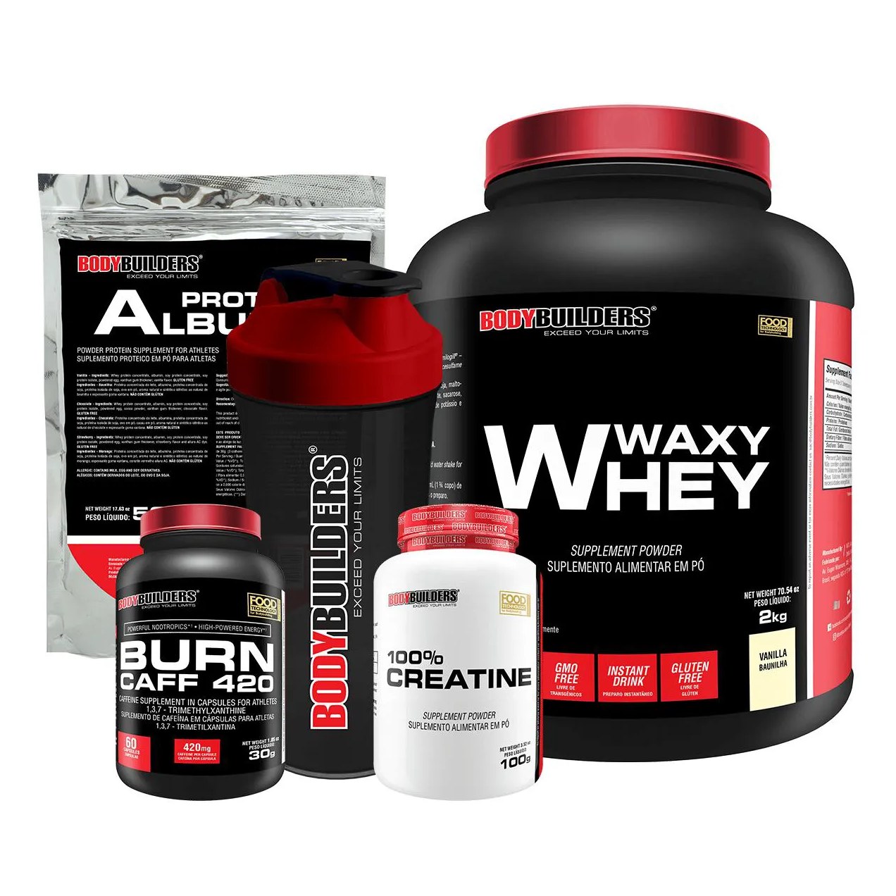 Kit Waxy Whey 2kg + Creatina 100% 100g + Burn Caff 60 cápsulas + Albumina 500g + Coqueteleira - Bodybuilders Baunilha