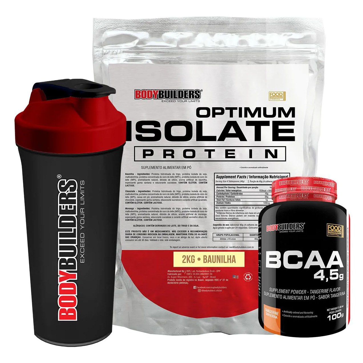 Kit Optimum Isolate Whey Protein 2kg + Bcaa 100g + Coqueteleira - Bodybuilders Baunilha