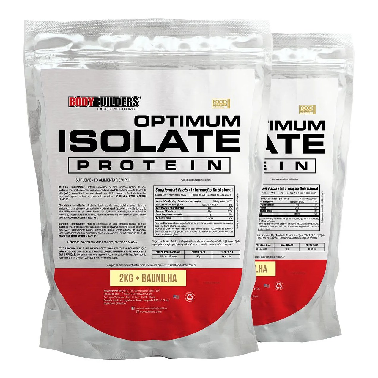 Kit 2x Whey Protein Optimum Isolate Refil 2kg - Kit para Ganho de Massa Muscular e Resistência - Bodybuilders Baunilha