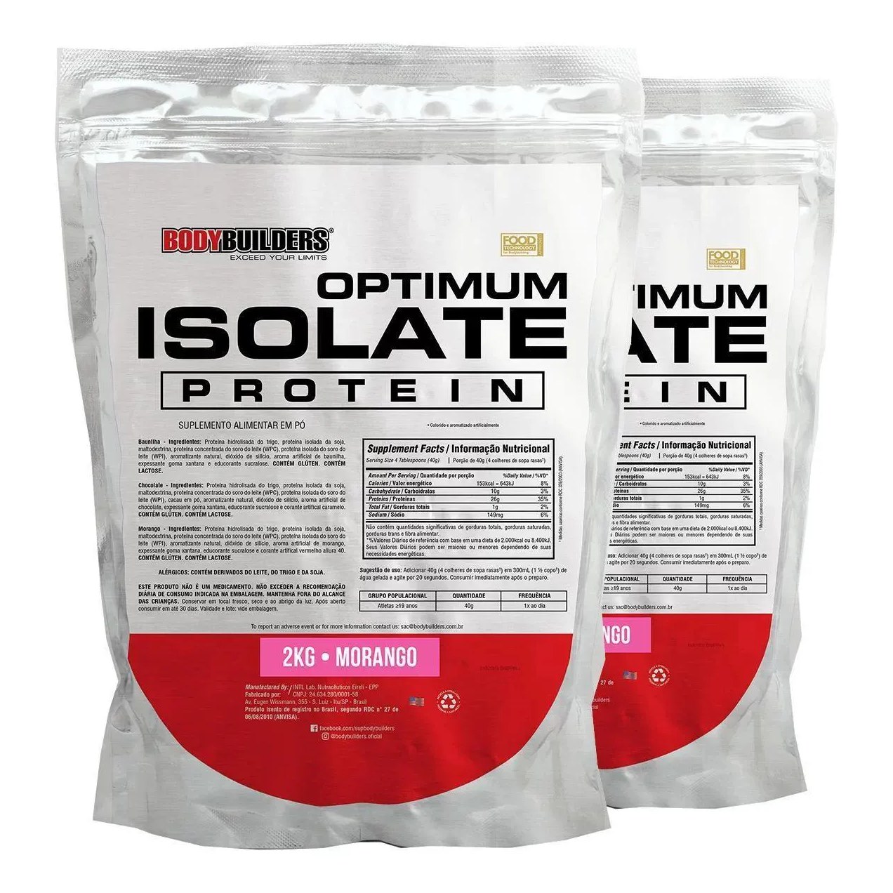 Kit 2x Whey Protein Optimum Isolate Refil 2kg - Kit para Ganho de Massa Muscular e Resistência - Bodybuilders Morango