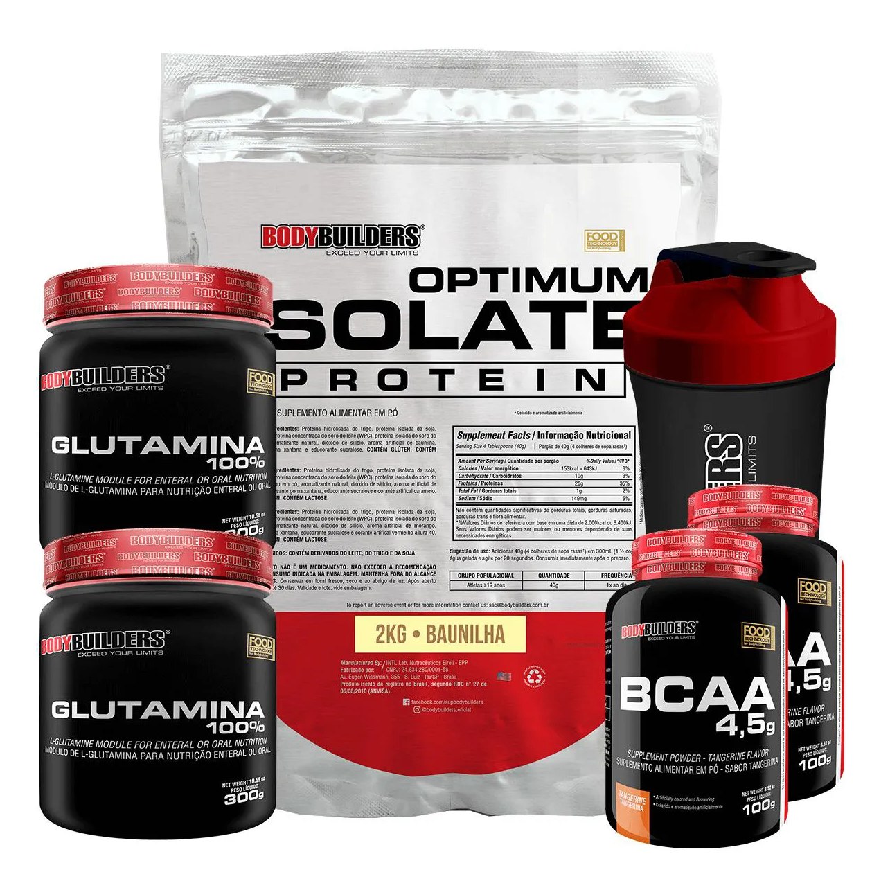 Kit Optimum Isolate Whey Protein 2kg + 2x Bcaa 100g + 2x Glutamina 300g + Coqueteleira - Bodybuilders Chocolate