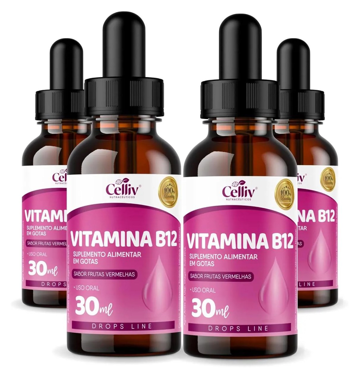 4x Vitamina B12 em Gotas Sabor Frutas Vermelhas 30ml Celliv