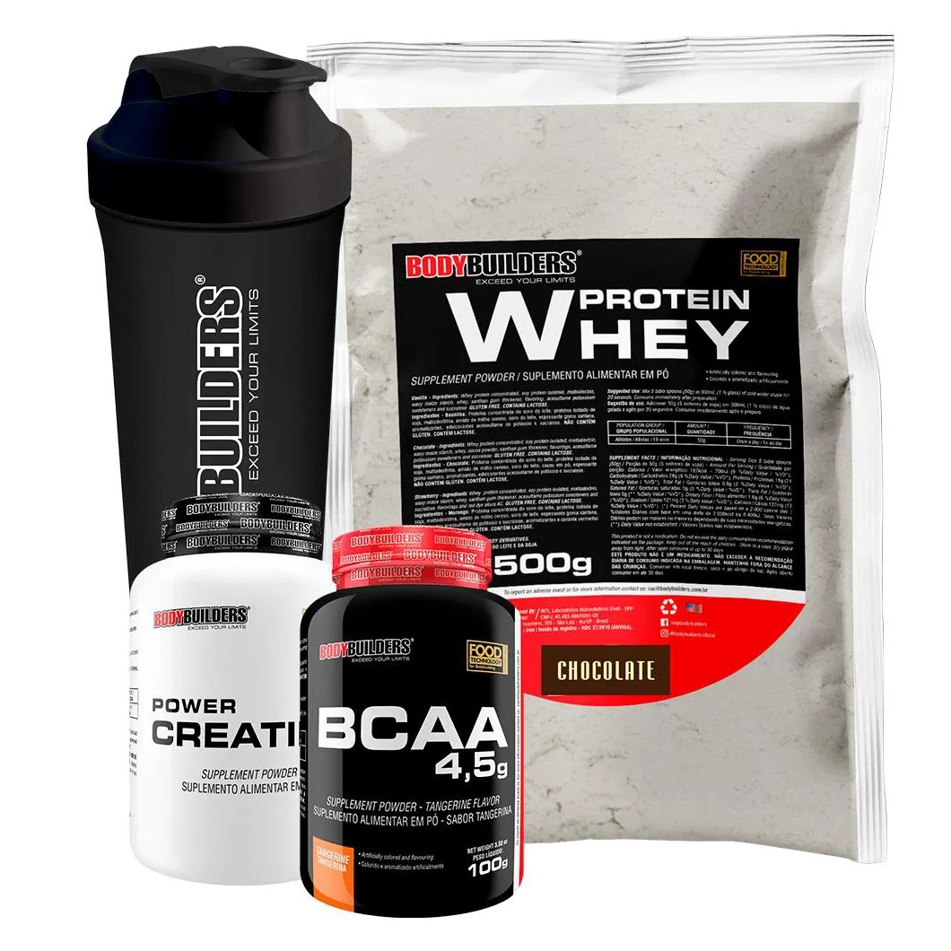 Kit Whey Protein 500g + Bcaa 4,5 100g + Power Creatine 100g + Coqueteleira – Bodybuilders Chocolate