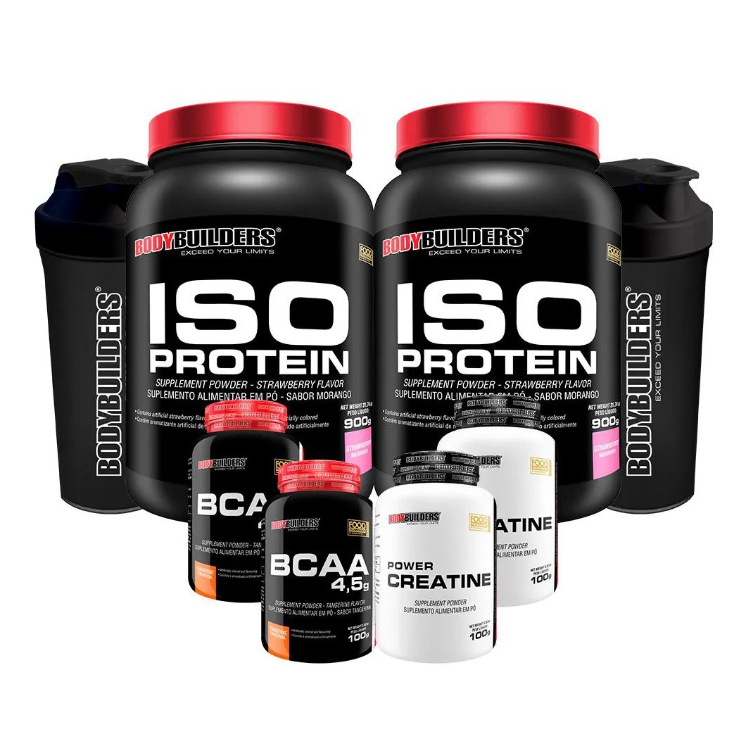 Kit 2x Iso Protein 900g + 2x Bcaa 4.5 100g + 2x Power Creatina 100g + 2x Coqueteleira - Bodybuilders Morango