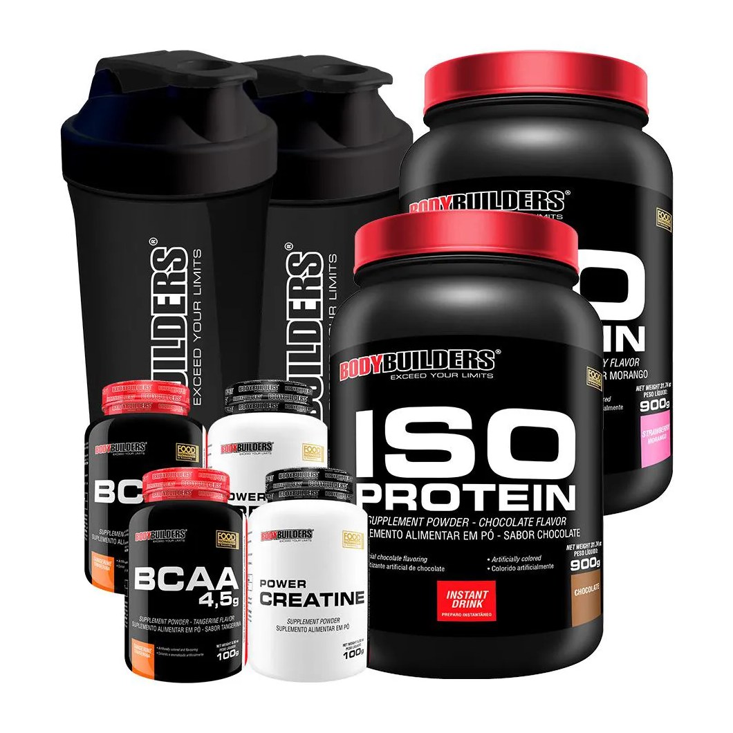 Kit 2x Iso Protein 900g + 2x Bcaa 4.5 100g + 2x Power Creatina 100g + 2x Coqueteleira - Bodybuilders Morango e Chocolate