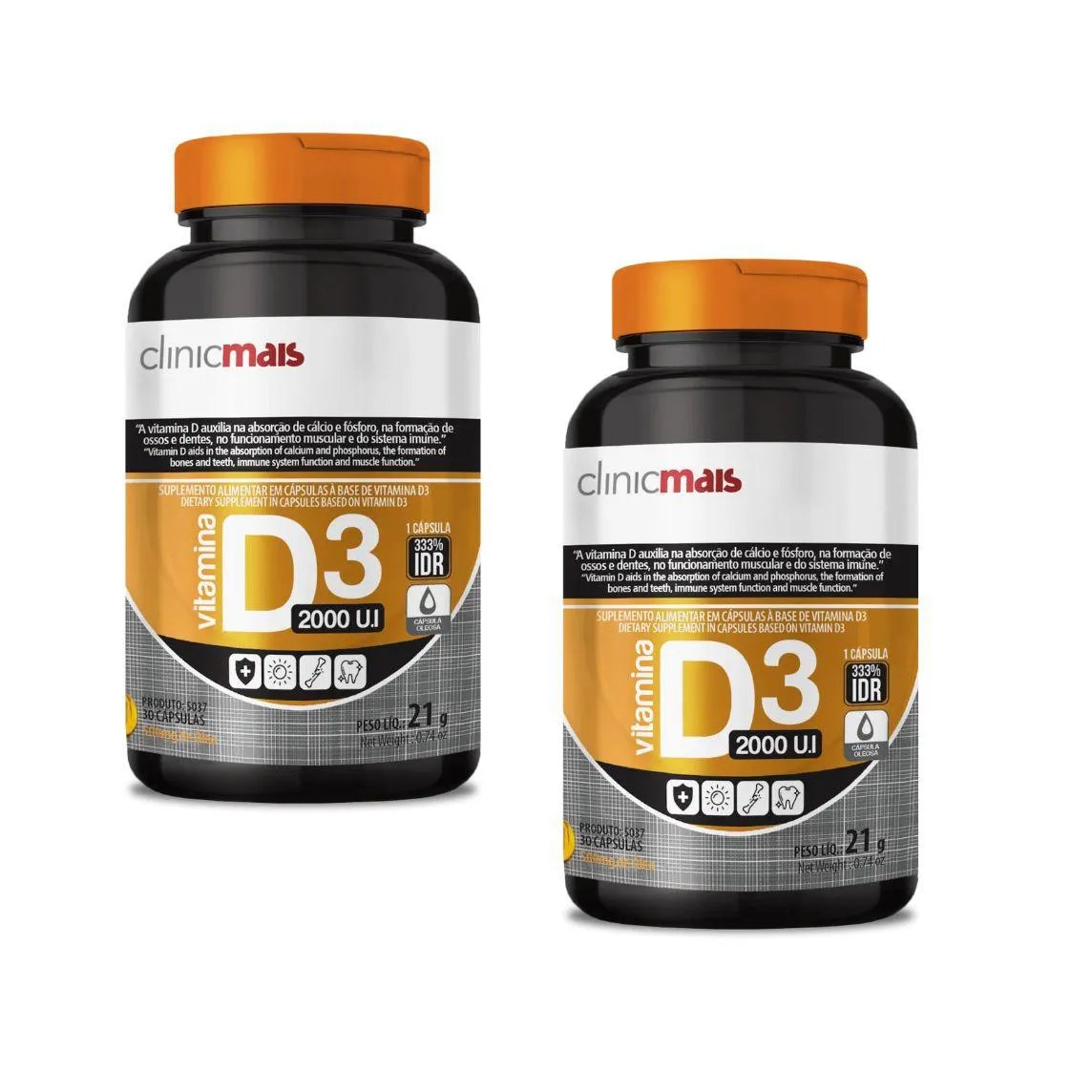Kit 2x Vitamina D3 2000ui 30 cápsulas Clinicmais sem Sabor