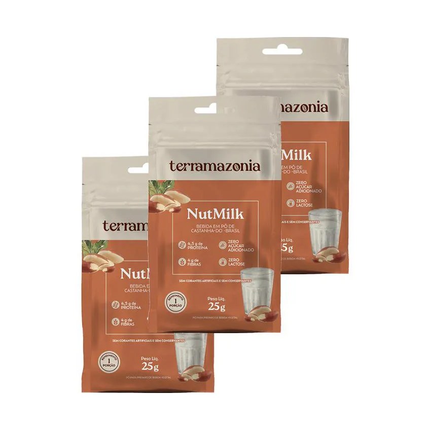 Kit 3x: Bebida Vegetal de Castanha do Pará em Pó Nutmilk Sachê Terramazônia 25g