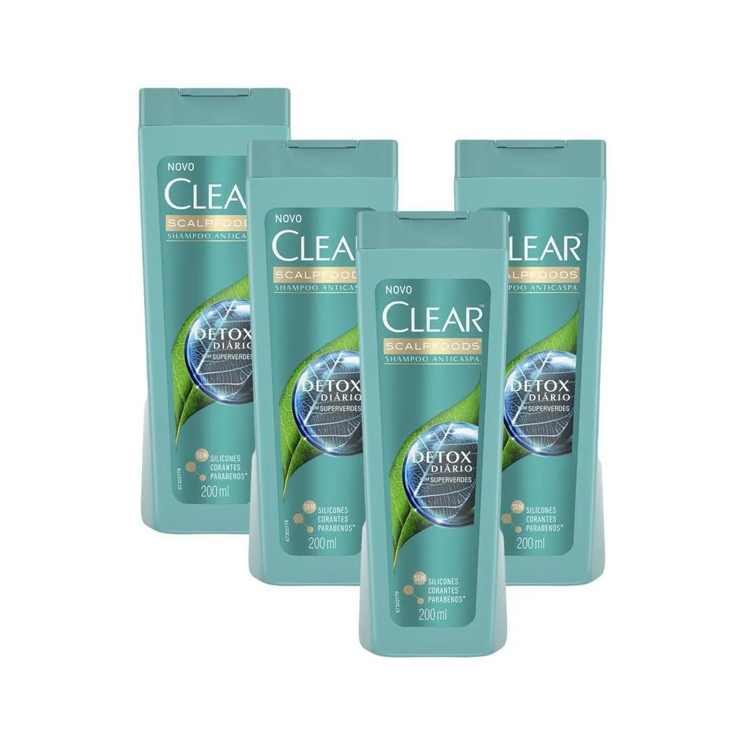 Kit 4 Shampoos Anticaspa Clear Detox Diário 200Ml