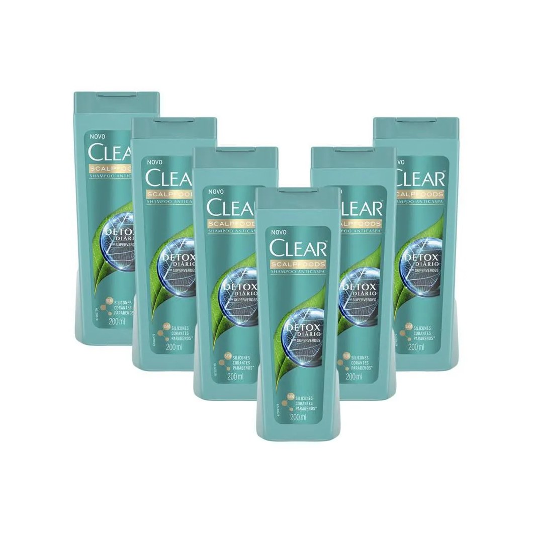 Kit 6 Shampoos Anticaspa Clear Detox Diário 200Ml