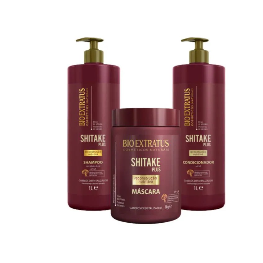 Kit 1 Shampoo 1 Condicionador 1 Banho de Creme Limpeza Nutritiva Shitake 1L