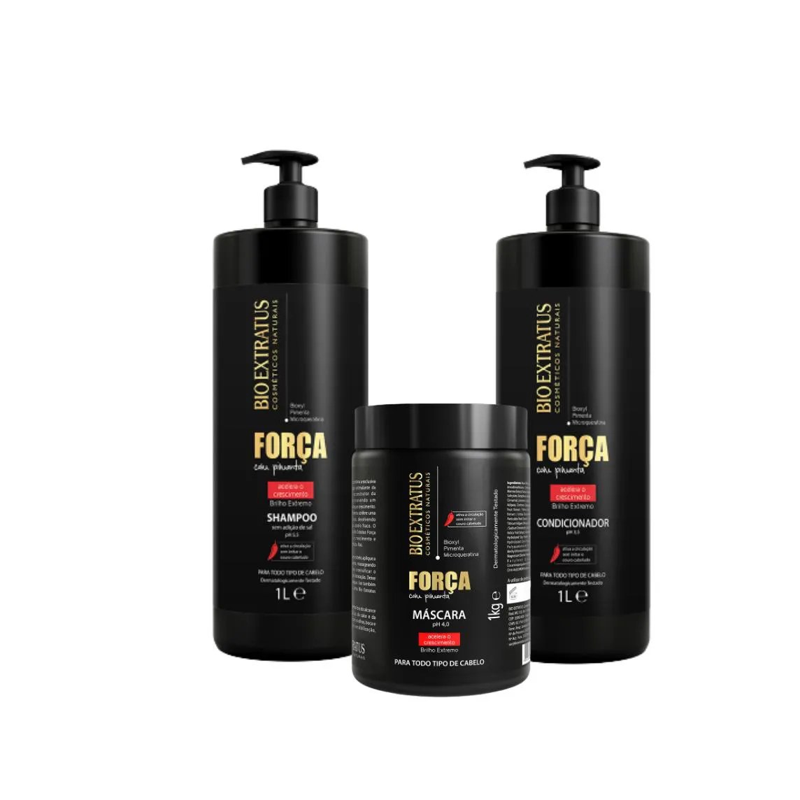 Kit 1 Shampoo 1 Condicionador 1 Banho de Creme Força com Pimenta 1L