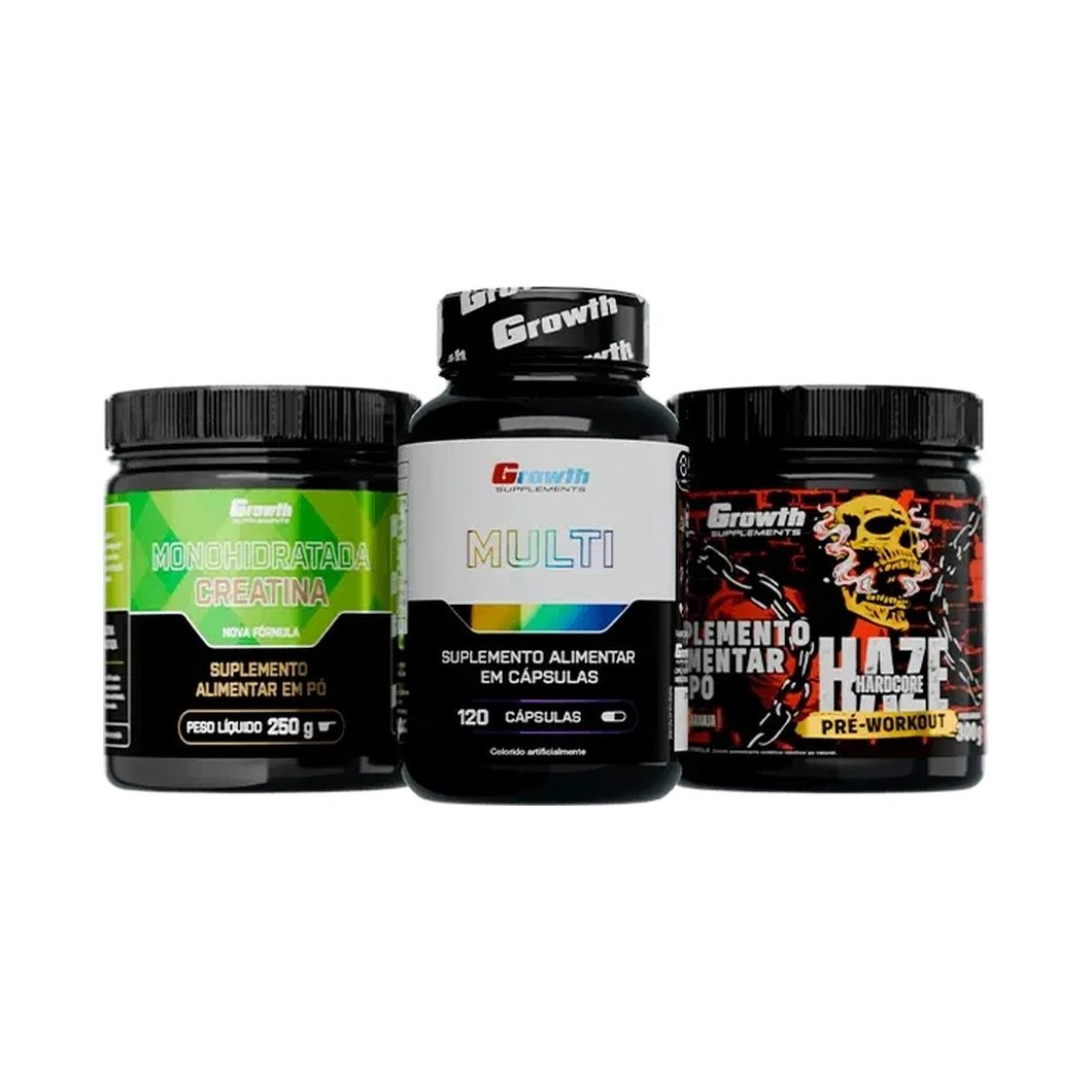 Kit Creatina Monohidratada 250g, Multivitamínico 120 caps e Pré-Treino Haze 300g