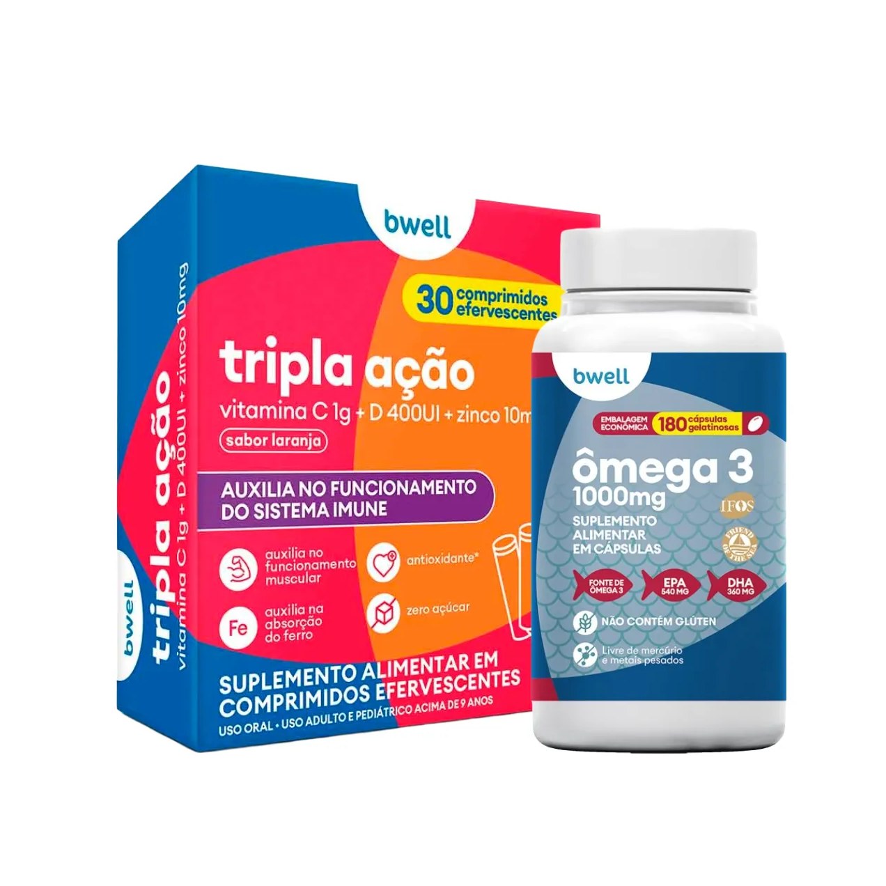 Kit Bwell Ômega 3 180 Cápsulas + Vitamina C Tripla Ação 30 Comprimidos Efervescentes
