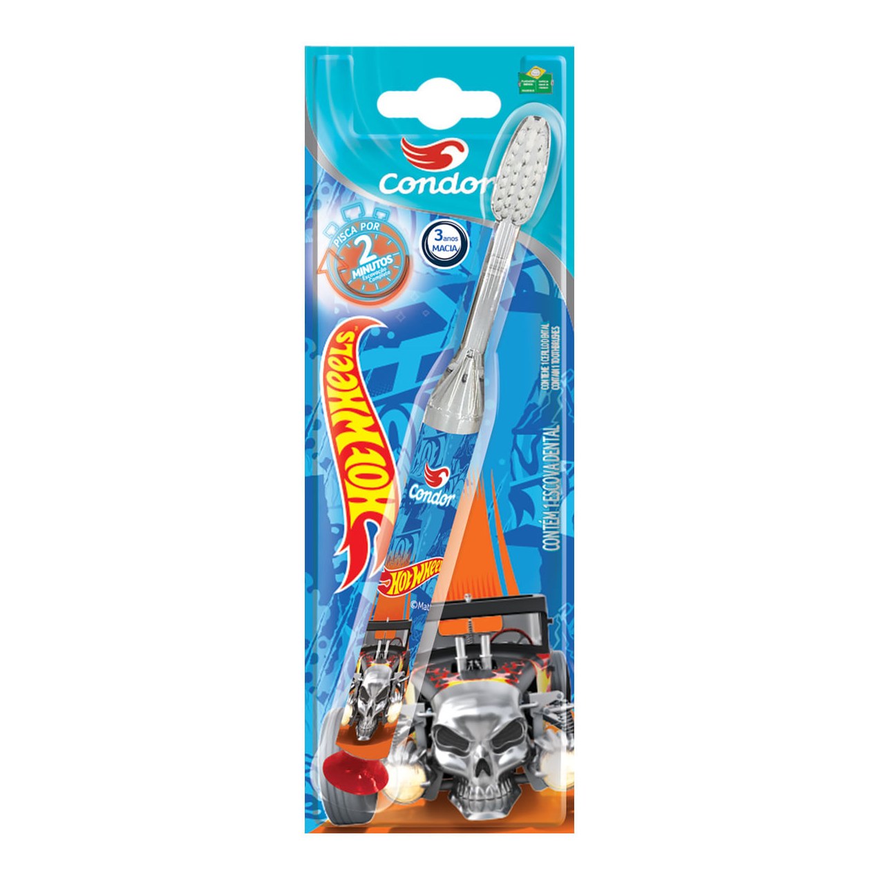 Escova Dental Infantil Condor Hot Wheels Luz de Led que Pisca Cerdas Macias 1 Unidade