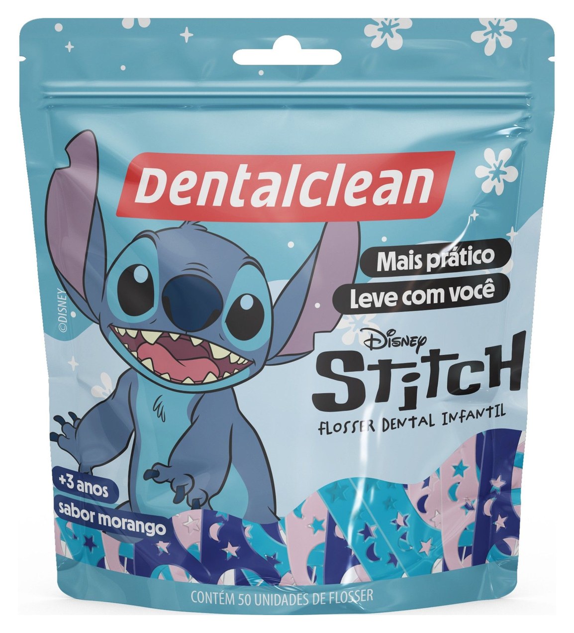 Fio Dental Stitch Infantil Com Cabo Morango 50 Unidades Dental Clean