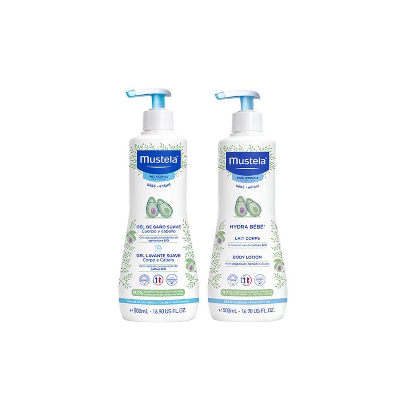 Kit Mustala Gel Lavante Bebê Suave com Abacate Orgânico 500ml + Loção Hidratante Hydra Bébé Bebê Pele Normal 500ml