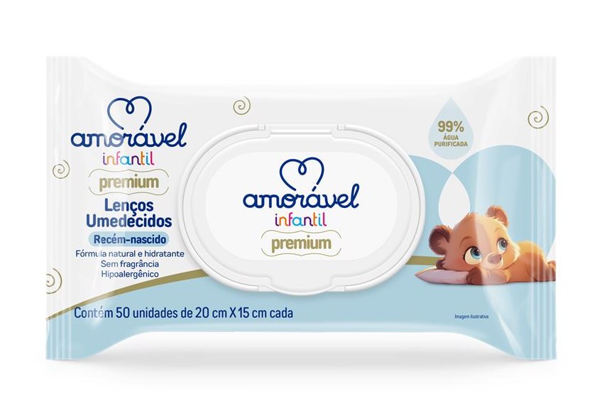 Lenço Umedecido Infantil Amorável 99% Água Com 50 Unidades