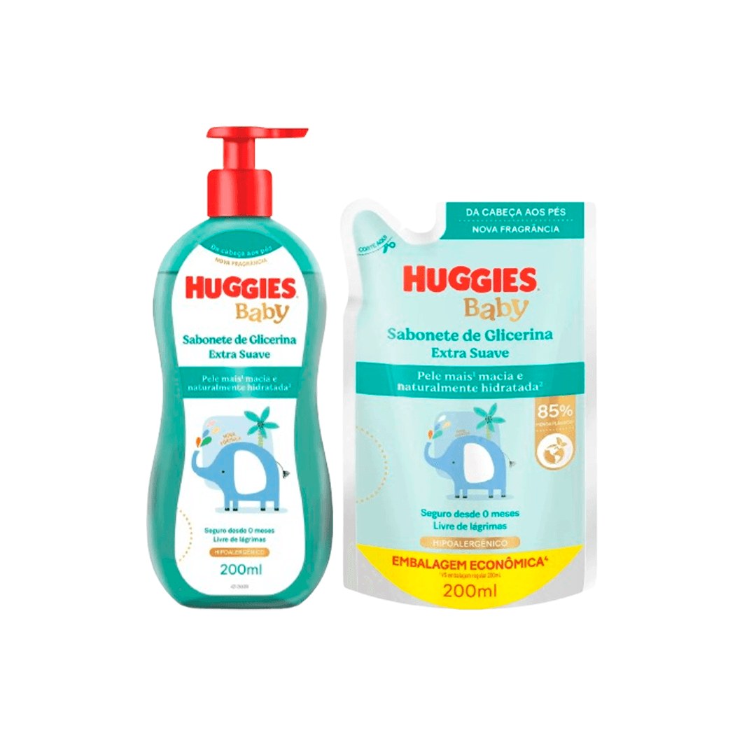 Kit Infantil Huggies Sabonete Liquido Extra Suave 200ml + Refil Sabonete Liquido 200ml