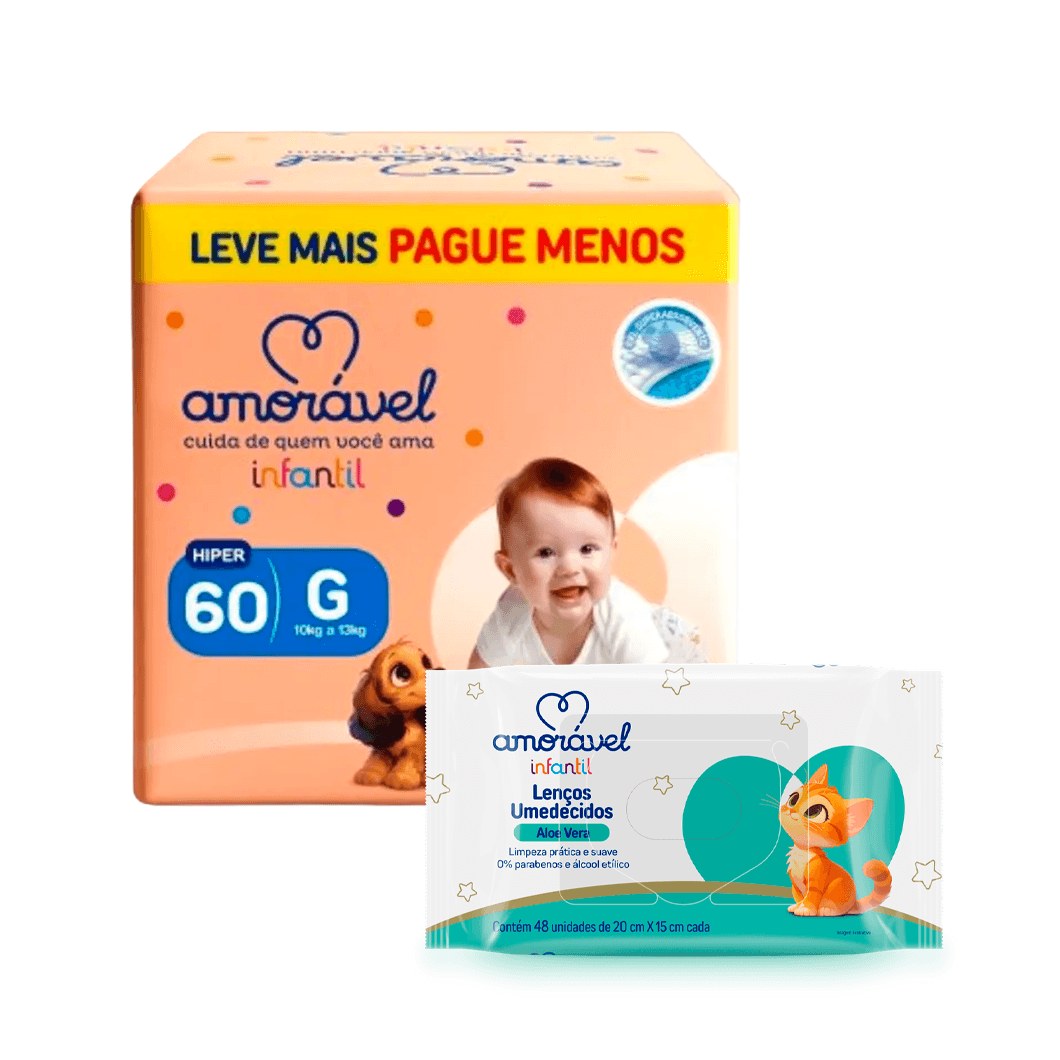 Kit Amorável Fralda Amorável Basic G 60 Uni + Lenço Umedecido Amorável Baby Aloe Vera 48 Uni