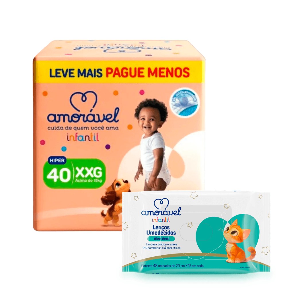 Kit Amorável Fralda Amoravel Basic Hiper XXG 40 Uni + Lenço Umedecido Amorável Baby Aloe Vera 48 Uni