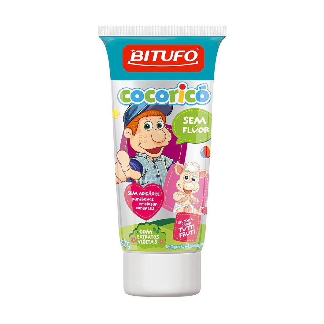Gel Dental Infantil Bitufo Cocoricó Sem Flúor Sem Corantes Sabor Tutti Frutti 90g
