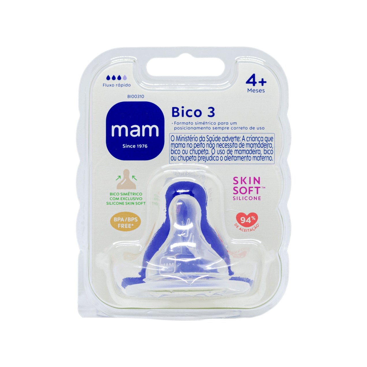 Bico para Mamadeira MAM Ortodôntico Fluxo Rápido Anticólica +4 meses Silicone 1 Unidade