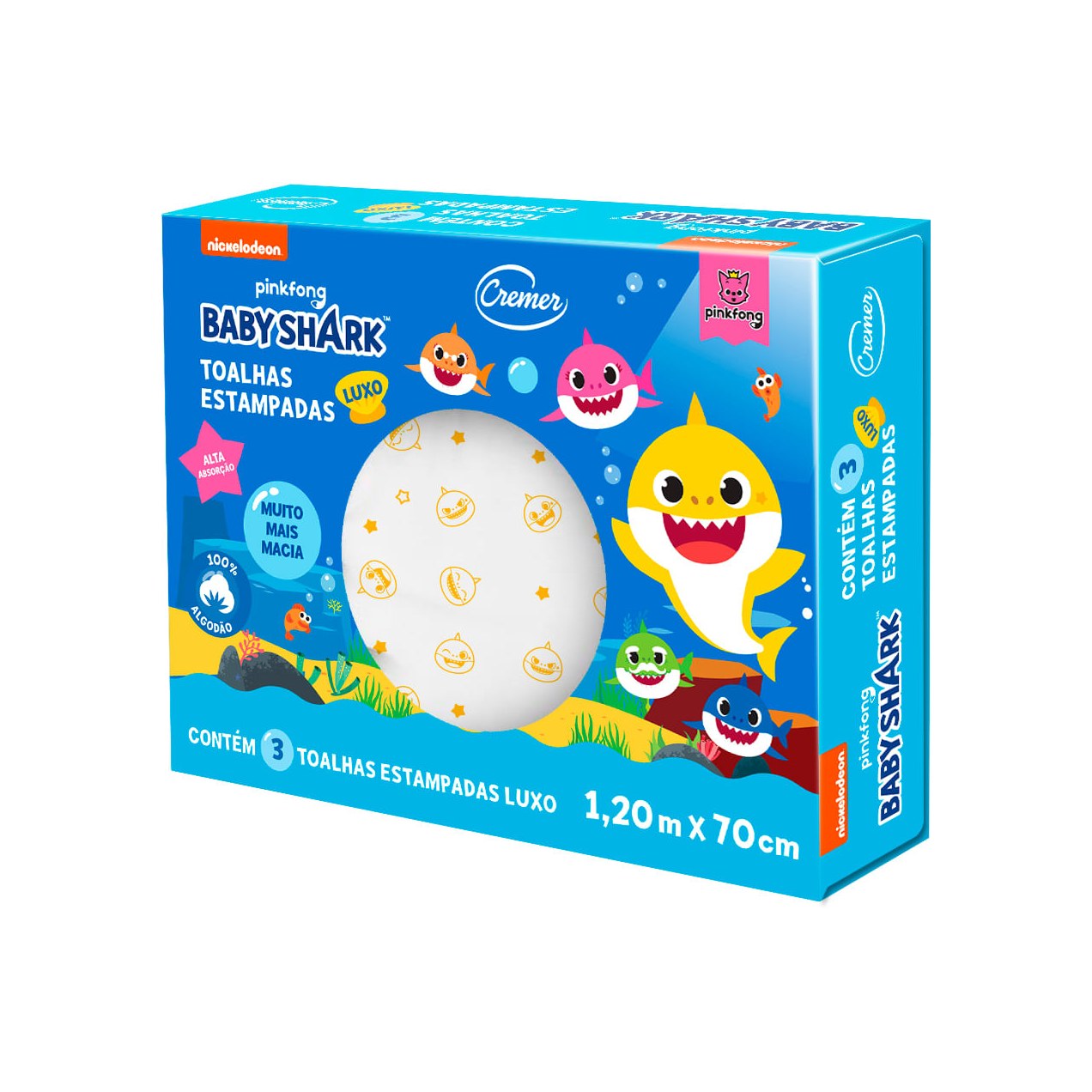 Toalha de Banho Cremer Luxo Baby Shark Estampada Bebê Algodão 3 Unidades