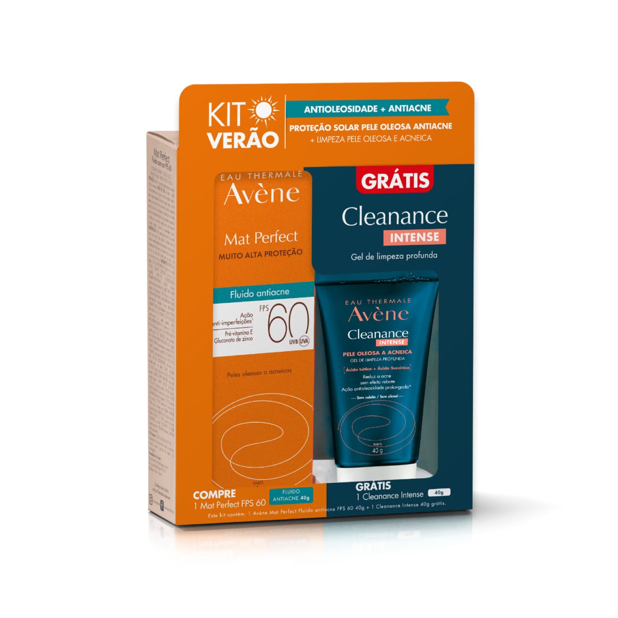 Kit Verão: Protetor Solar Facial Avène Mat Perfect Antiacne FPS60 40g 1 Unidade + 1 Gel de Limpeza Cleanance Intense 40g 1 Unidade